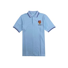 Custom-made cotton blue men's polo shirt with trimmed collar and contrasting royal blue stripes, embroidered logo, animal life, non-profit organization, event uniform, group uniform P1524 Custom-made cotton blue men's polo shirt with trimmed collar and contrasting royal blue stripes, embroidered logo, animal life, non-profit organization, event uniform, group uniform P1524